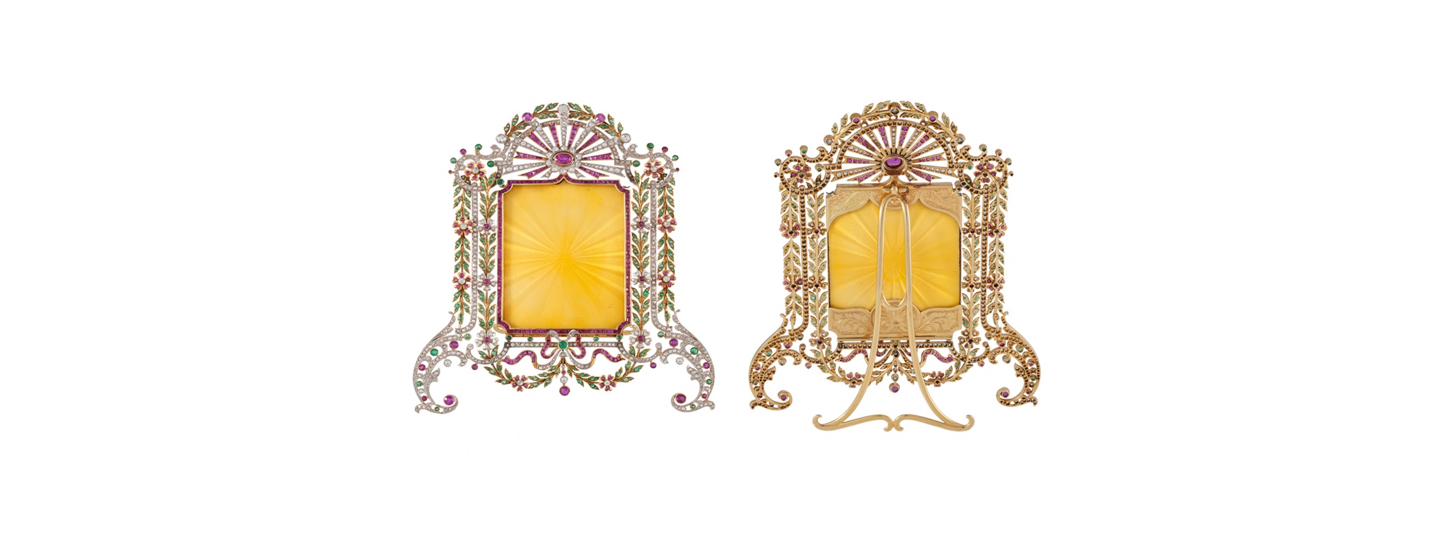 AN IMPORTANT ANTIQUE DIAMOND, RUBY AND EMERALD PICTURE FRAME